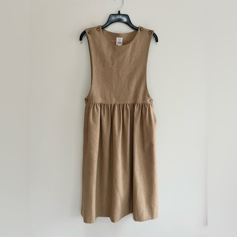J.G. Hook Vintage Wool Pleated Apron Jumper Midi Dress in Tan / Light Brown, 10P